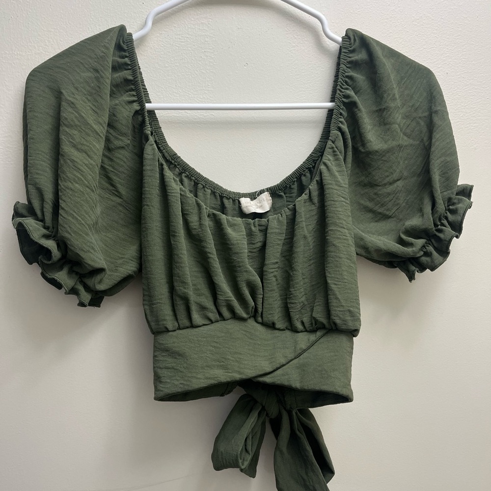 Olive Green Puff Sleeve Tie-Back Top